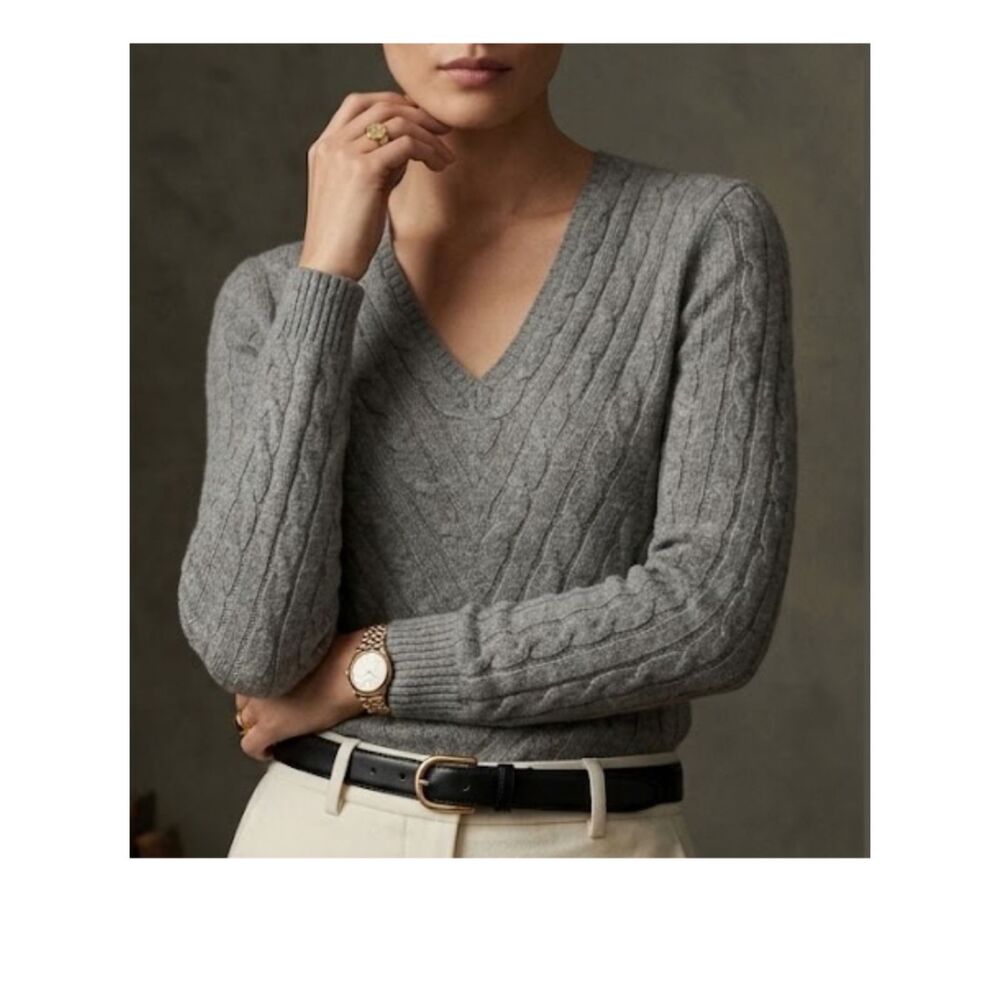 N. Peal 100% Cashmere Cable Knit V Neck Sweater Grey S